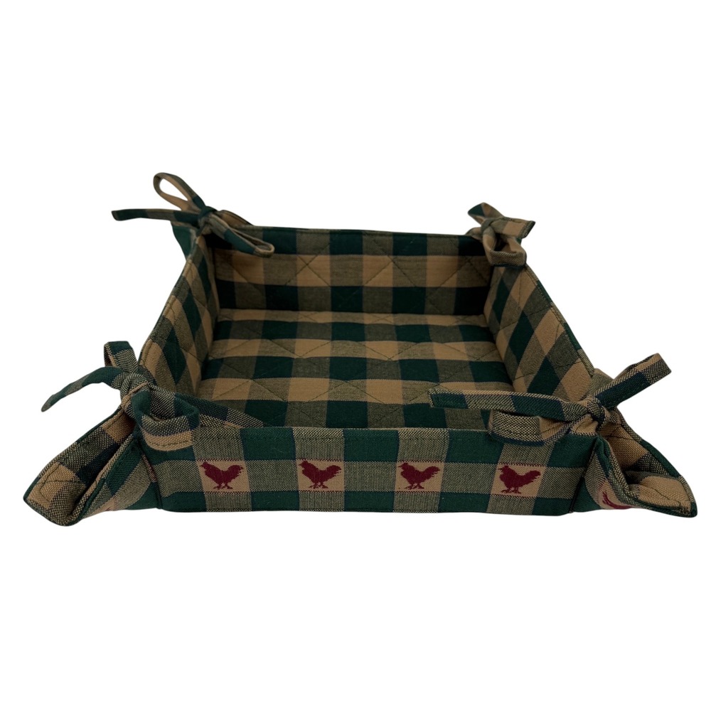 Park Designs Rooster Buffalo Check Fabric Bread Basket Green Tan 8x8‎ Country